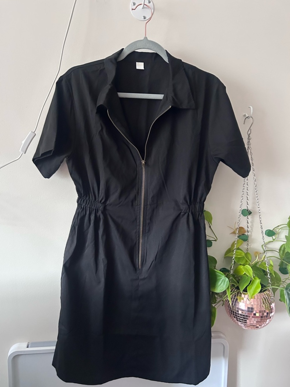 Black Short-Sleeve Zip-Front Dress